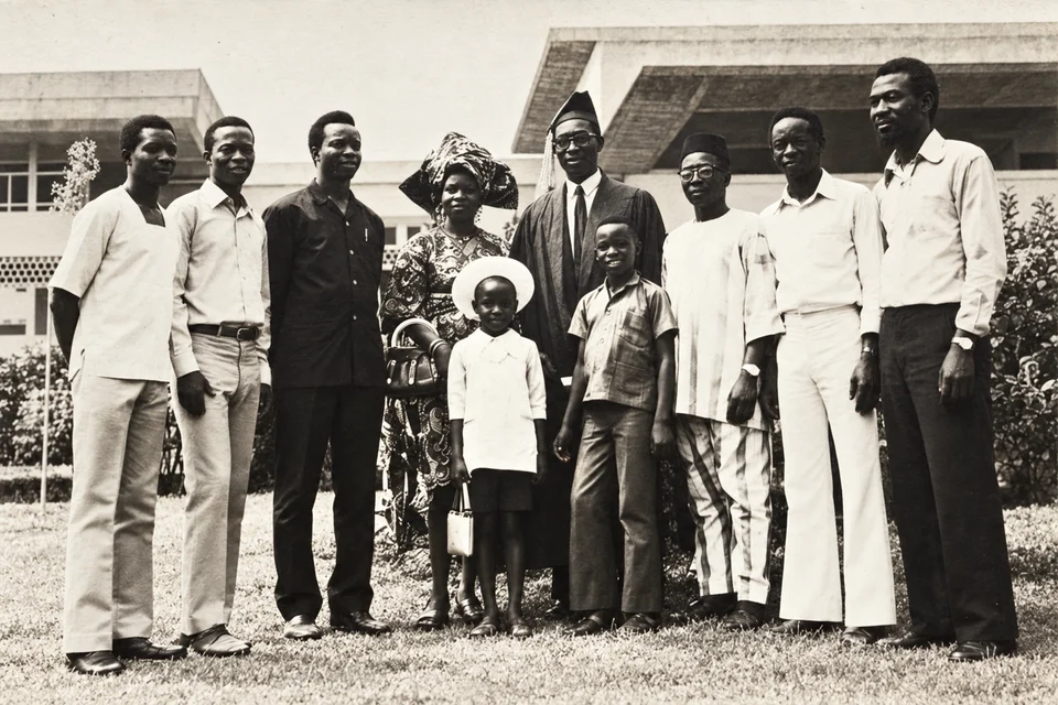 Simeon in his academic gown and cap, with Veronica, Catherine, their first son and a group of well-wishers