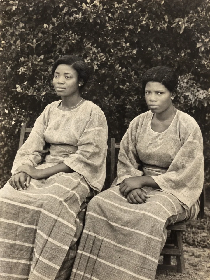 Two people seated outdoors in matching dresses