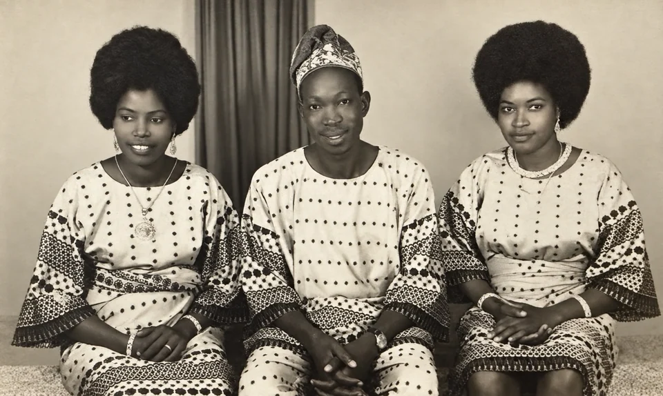 Three people seated in coordinating patterned clothes