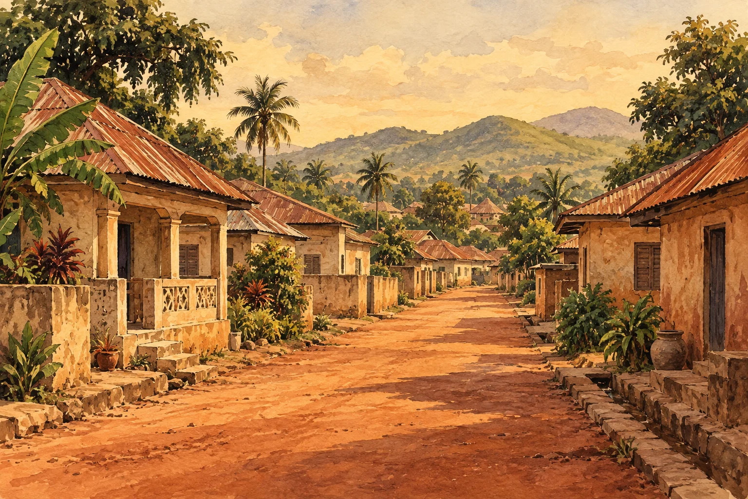 A warm, painted impression of a Yoruba town, with red-earth streets, courtyard houses and palms